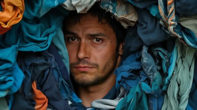 Scared man with wide eyes trapped under a huge pile of dirty laundry, feeling suffocated