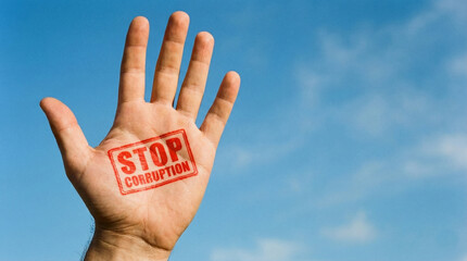 Hand with Stop Corruption Stamp Against Sky  