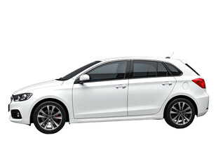 White compact car on a black background, seen from the side with sporty styling