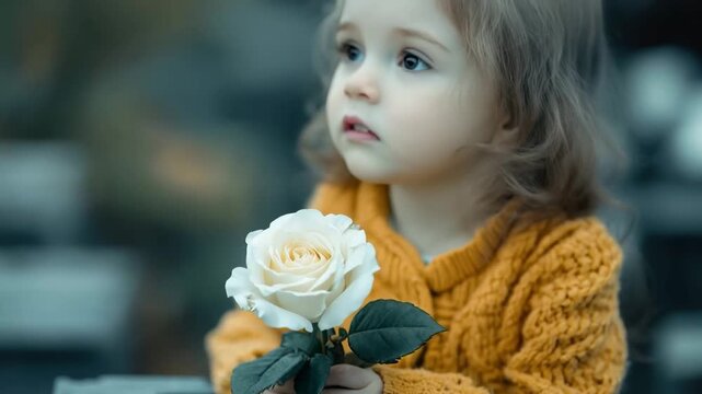 Sad little girl in a cemetery placing a white rose on a grave in memory of a loved one