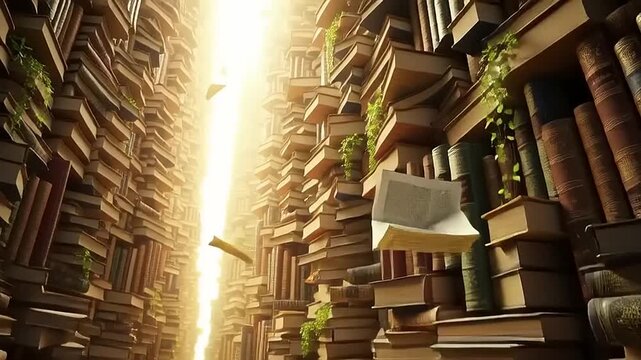 Magical glowing light beam illuminates a vast library of ancient books.