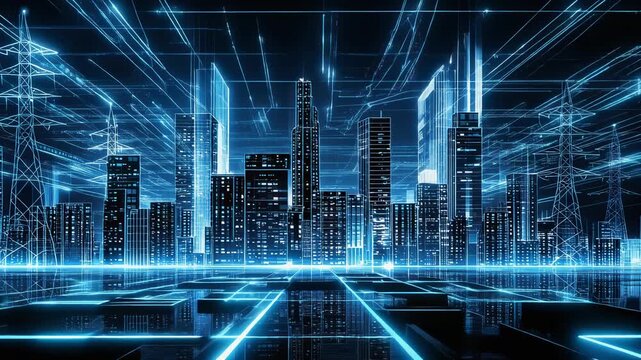 A futuristic urban skyline with glowing skyscrapers and power lines against a dark background.