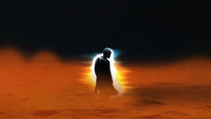 Cinematic poster abstract human form fading into surreal red space with soft noise. Concept of...