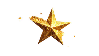 Obraz premium A golden, glittering five-pointed star with some detached sparkles on a black background