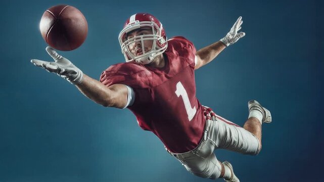 American football wide receiver catching ball mid air highlighting power focus athletic performance teamwork and peak competitive moment under dramatic stadium lighting