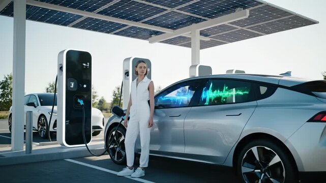 Charging electric vehicle at solar station. Woman plugs charger into car. EV charging cable connects to vehicle. Modern electric car charges at outdoor station. Sustainable mobility powered by solar.