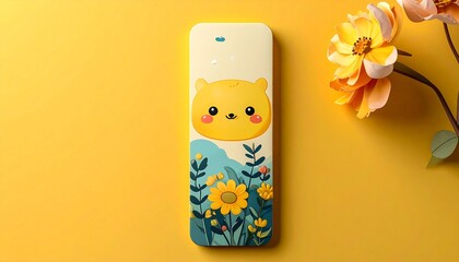 Playful phone case with bear, flowers, and foliage on yellow backdrop