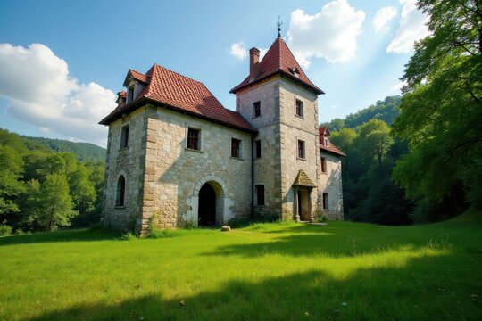 Majestic abandoned castle, Beocin, Serbia Nature reclaims stone , ivy, wild, overgrown