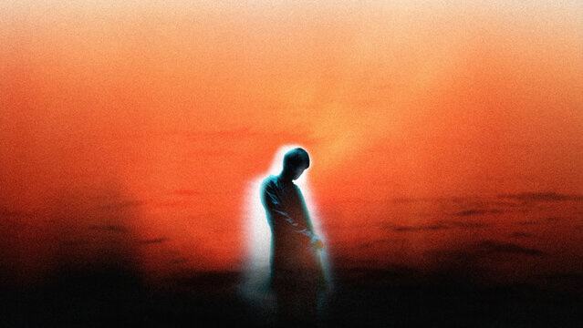 Contemporary poster fashion figure with glowing outline in soft noise. Concept of experimental fashion, bold visual identity, futuristic styling, high fashion editorial, creative self expression.