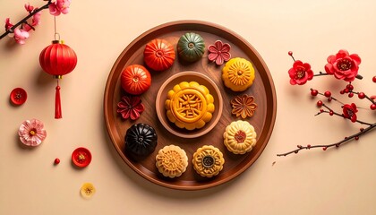 Assortment of colorful, detailed pastries on a wooden tray, festive