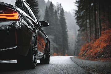 High-end black car speeding along an empty forest highway