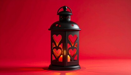 Black lantern with heart cutouts, lit candles, red background