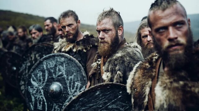 Close view of intense ancient fighters waiting in formation their focused eyes and worn armor telling stories of survival loyalty and shared destiny before decisive moment