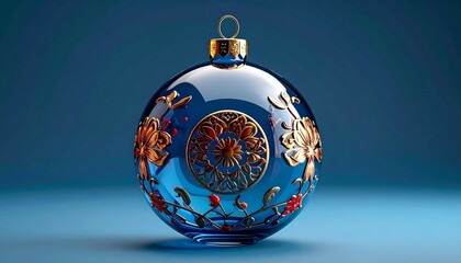 Ornate blue glass Christmas ornament with gold floral details
