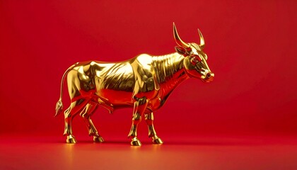 Gleaming golden bull statue against a vibrant red backdrop