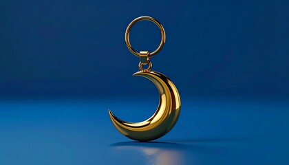 Gleaming gold crescent moon pendant, hanging against a deep blue backdrop