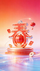 Chinese New Year Festive E-commerce Background Product Demonstration Pedestal Podium Gold Ingots and Lanterns Soft Tech
