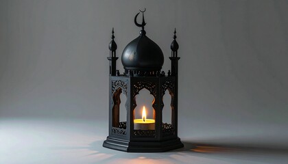 Ornate, dark lantern with candle flame, topped with crescent moon
