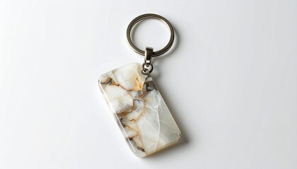 A marbled, rectangular keychain with a metal ring, resting on white