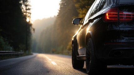 High-end black car speeding along an empty forest highway