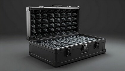 Open aluminum case with textured foam padding, on dark surface