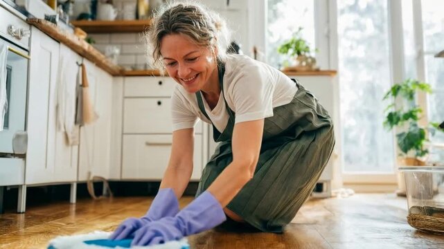 Person cleans floor at home with focused care expressing daily responsibility routine and calm domestic life emphasizing simplicity effort and mindful household activity