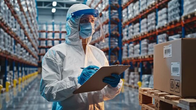 Healthcare worker in protective suit checks medical warehouse inventory with clipboard. Person wearing PPE inspects warehouse supplies. Worker in protective equipment checks medical inventory stock.