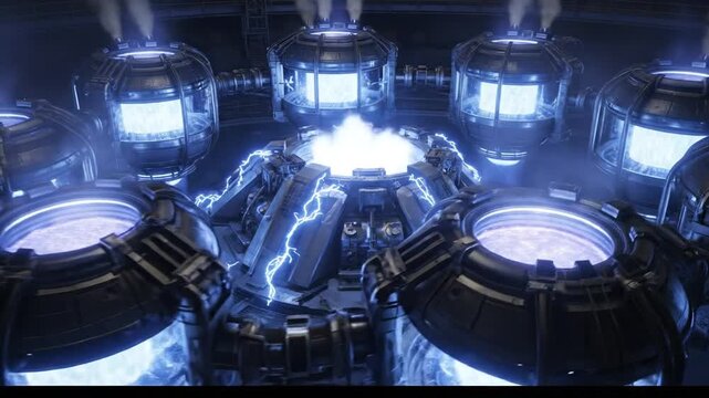 Dark industrial plant with blue glowing reactors & steam