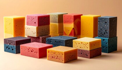 Stacked, colorful rectangular cubes with a textured, porous appearance