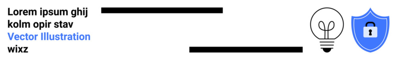 Innovation, security, technology, cybersecurity, creative ideas, data protection. Illustrated light bulb and shield with lock icon. Innovation and security concept