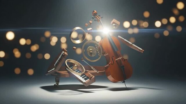 Pixelated Musical Instruments Floating in a Dark Setting with Bokeh Effect