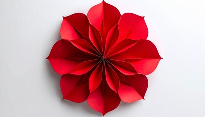 Red folded paper flower against a white background, overhead shot