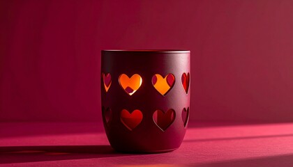 A maroon candle holder with heart cutouts glows against a rich backdrop