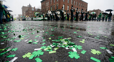Obraz premium St. Patrick's Day parade with green confetti on rainy street 
