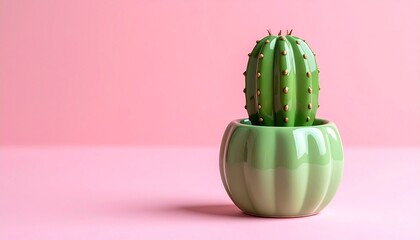 A single green cactus in a green pot on a pink background