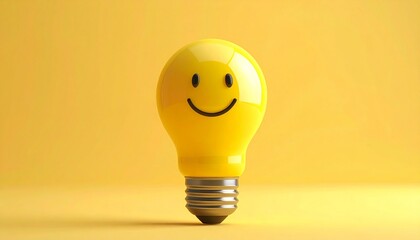 A yellow lightbulb with a smiling face on a yellow background