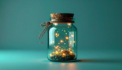 Glass jar filled with glowing lights, corked, and tied with twine