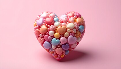 Heart made of colorful candies, on a pink background, studio shot