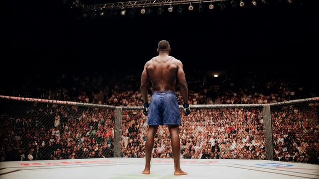 Boxer stands shirtless in packed arena ring facing roaring crowd under bright lights expressing courage determination and anticipation just before big fight begins