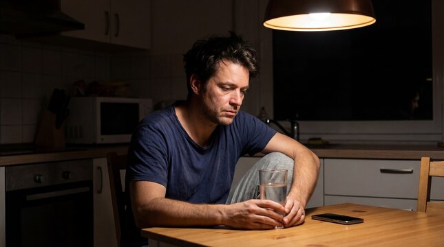 Man sitting alone at kitchen table with glass of water at night  