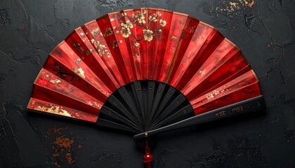 Red, ornate folding fan with floral design on a textured dark backdrop