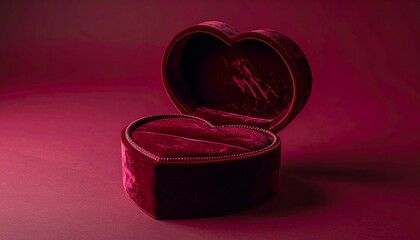 Open velvet heart-shaped box, crimson, on a monochromatic background