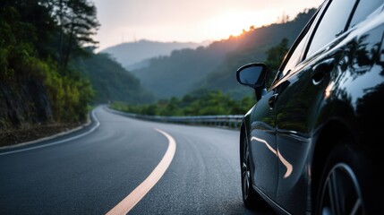 High-end black car speeding along an empty forest highway