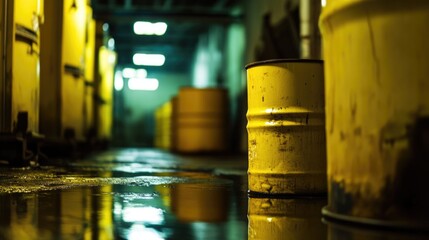Yellow barrels in a dimly lit storage area symbolize hazardous materials and toxic waste containment.