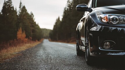 High-end black car speeding along an empty forest highway