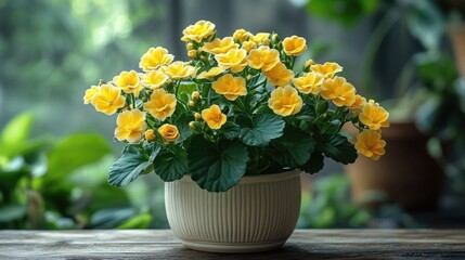 Yellow kalanchoe flowers in a white ceramic pot, beautiful indoor flowering plant with lush green leaves for home decor.