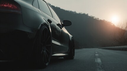 High-end black car speeding along an empty forest highway