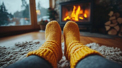 Yellow socks on a person in a contemporary living room with home decor, cozy winter comfort