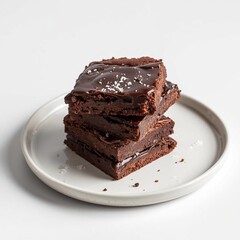 Stack of delicious fudge chocolate brownies with sea salt on a white plate.
