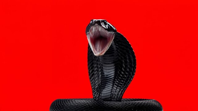 Black snake with open mouth against bold red background creating intense dramatic symbolism associated with danger power fear and primal instinct in minimalist high contrast composition